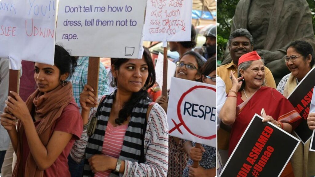 Women smiling in a rape protest 